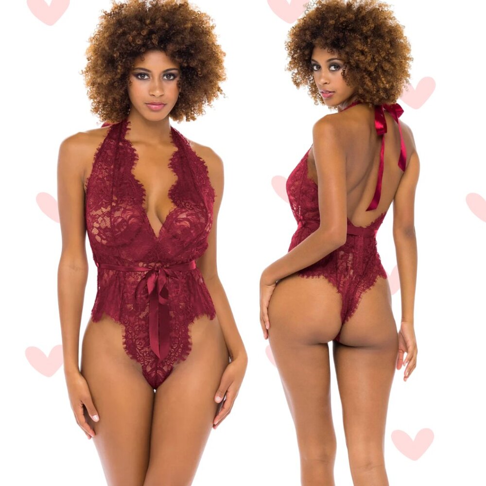 OH LA LA CHERI Naomi Eyelash Lace Teddy Size, Windsor Wine, L/XL